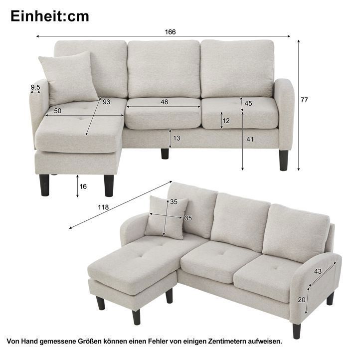 Sofá de canto em formato de L Lemonbest, 166x118x77 cm, sofá de 3 lugares com chaise removível, tecido respirável de algodão e linho - cinza claro