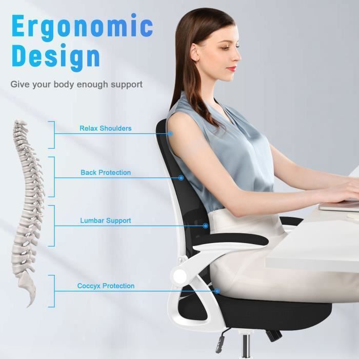 Cadeira de escritório - Assento ergonômico Naspaluro - Poltrona com apoios de braço rebatíveis a 90° - Suporte lombar - Altura ajustável