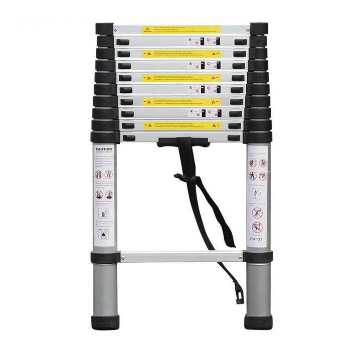 Escalera telescópica de aluminio de 11 peldaños, 3,2 m de altura, con barra estabilizadora.