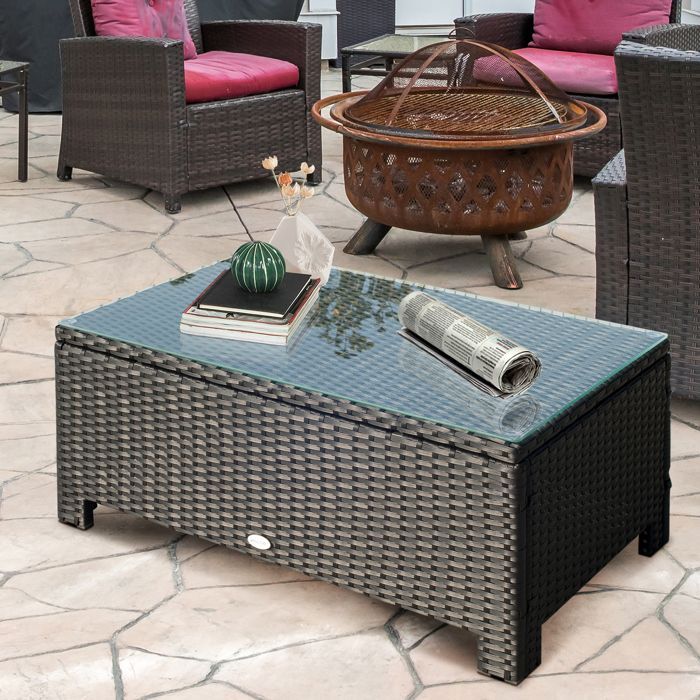Mesa de centro de jardín - Outsunny - Tablero de cristal templado de 5 mm - Resina tejida - Máx. 50 kg - 85 x 50 x 39 cm - Negro