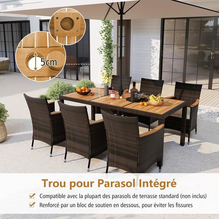 COSTWAY Ensembles Salon de Jardin en Rotin 8 Places, 1 Table et 8 Chaises Empilables en Bois d'Acacia, Coussins Amovibles, Noir