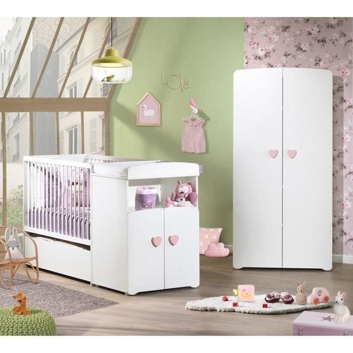 Lit bébé combiné évolutif - BABY PRICE - Basic - Blanc - Bouton cœur rose -60 x 120 cm