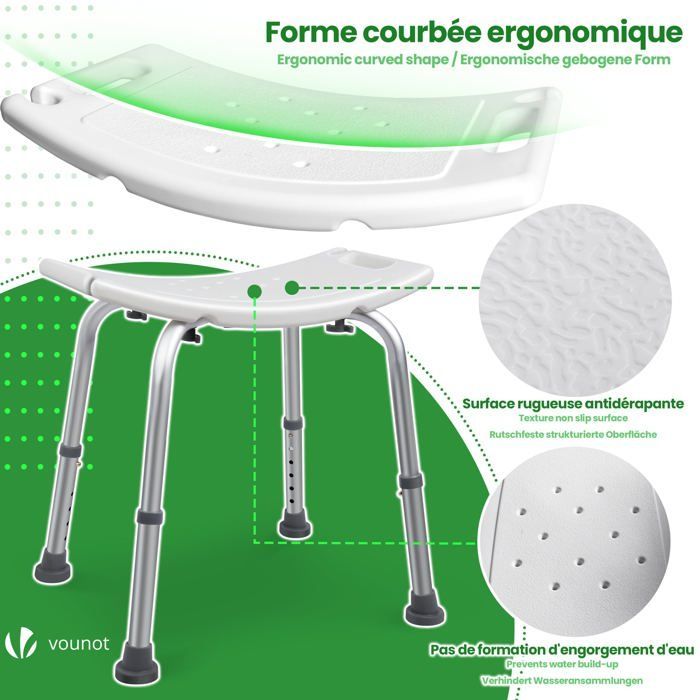 VOUNOT® Siège de douche ergonomique - Hauteur réglable - Pieds antidérapants - Tabouret en Aluminum HDPE - Blanc