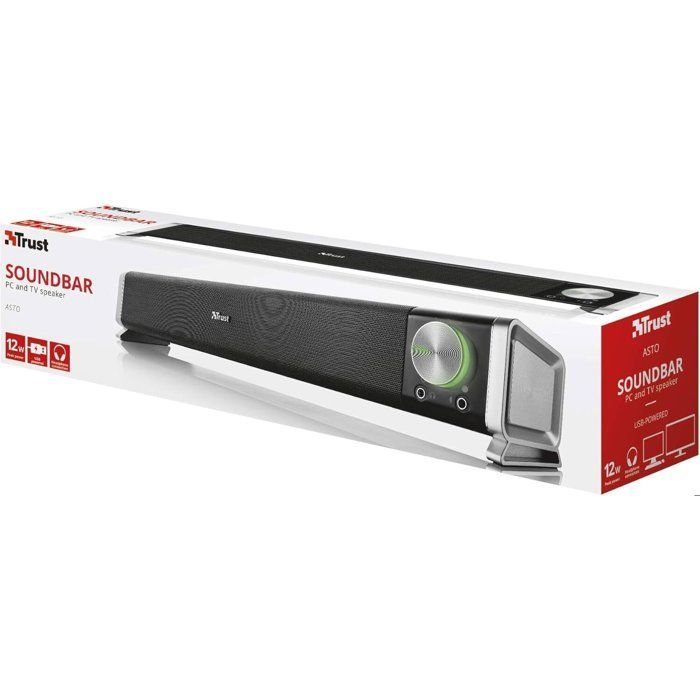 Soundbar per PC Trust Asto da 12 Watt, con connettori per cuffie e microfono, alimentazione USB, per PC - Nero