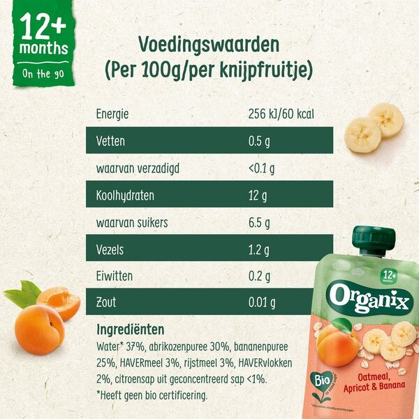 Organix 12+M ovsena kaša, marelica in bananin sok iz sadja<br>100g