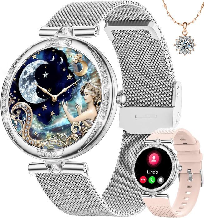 KIQULOV Smartwatch voor dames met Bluetooth-bellen, AMOLED-display, vrouwelijke functies, activiteitstracker, hartslagmeter, SpO2-sensor en IP68-waterdichtheid.