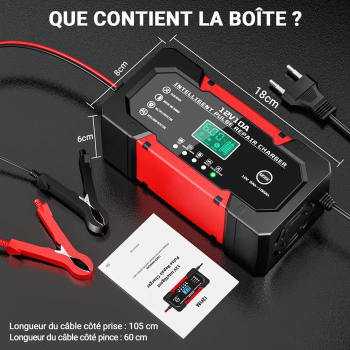 Cargador de baterías AIMOONSA - 10A 12V - Compatible con LiFePO4/GEL/AGM - Pantalla LCD y modo de reparación