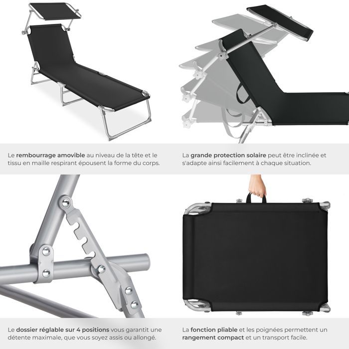 Sun loungers - TECTAKE - Set of 2 CHLOE folding sun loungers with 4 positions and headrest - Black