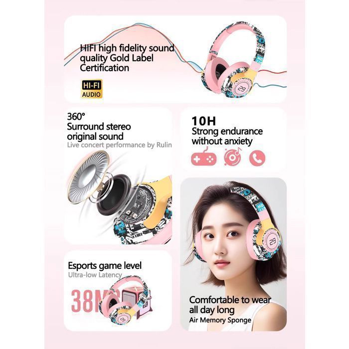 Cuffie LED wireless Bluetooth pieghevoli – Auricolari con cancellazione del rumore, bassi profondi, lunga durata della batteria, ideali per gaming/TV/sport, colore rosa