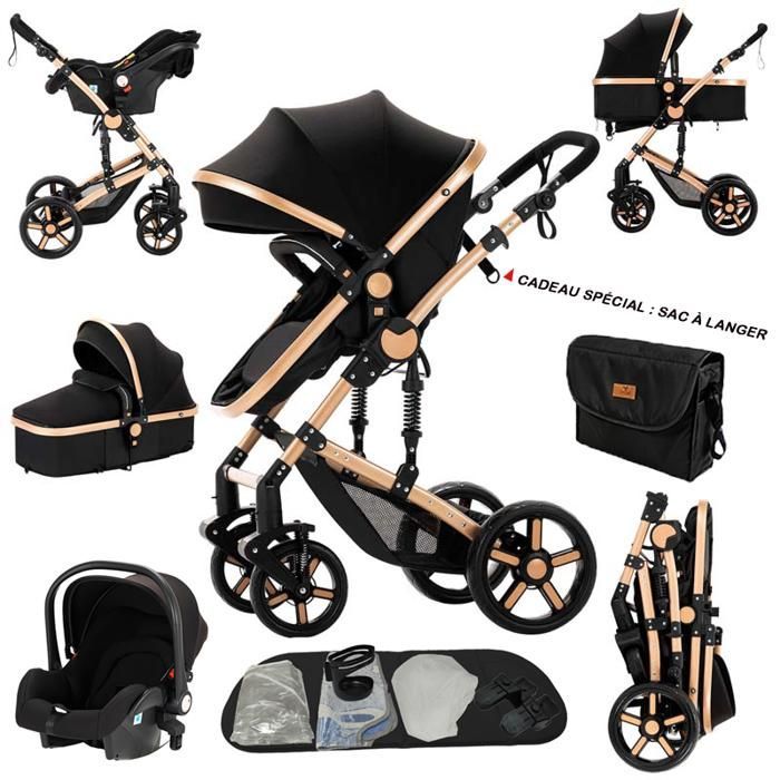 Stroller, 3-in-1 travel system, MagicZC, for ages 0-3 years, B588, car seat, lie-flat position, baby bag, black and gold