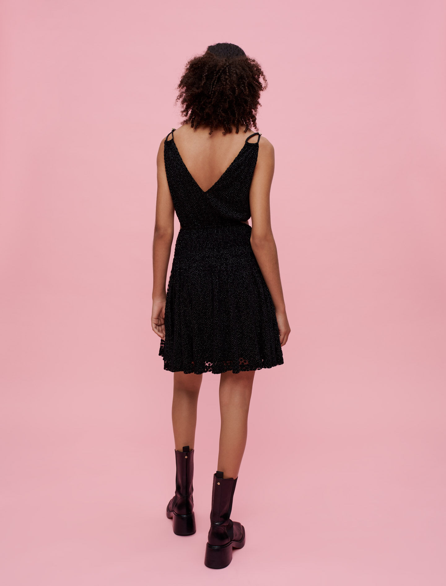 Strapless jurk van plumeti en fluweel - Zwart
