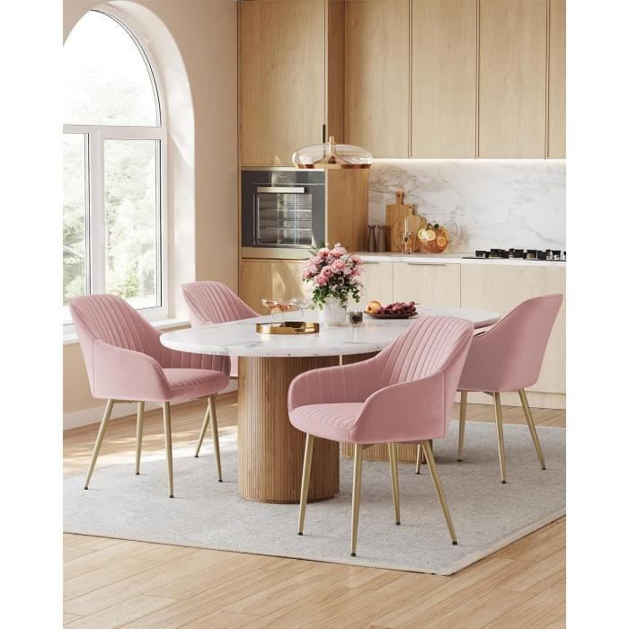 Conjunto de 2 cadeiras de jantar, cadeira de cozinha, poltrona de veludo, estofada, com apoios de braço, rosa-chiclete e dourado claro.