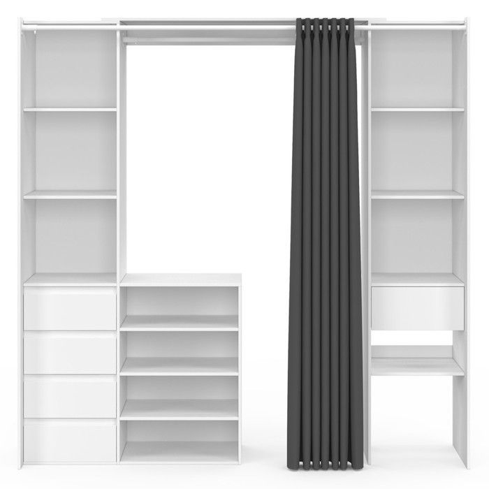 IDMARKET MERYL XXL Armadio doppio estensibile 120/180 cm bianco con cassetti + ripiani + asta appendiabiti + tenda grigia