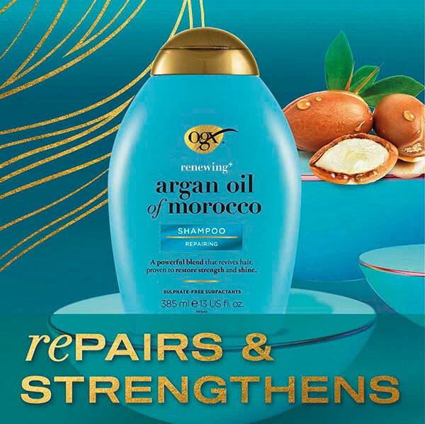 Champú OGX Renewing+ con aceite de argán de Marruecos, pH equilibrado, 385 ml
