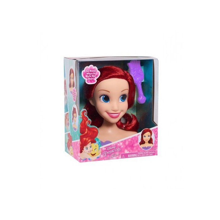 Disney - Tete a coiffer Ariel 14 cm avec brosse, la Petite Sirene - Coiffure de Princesse, Chevelure rousse - Set Jouet et Carte
