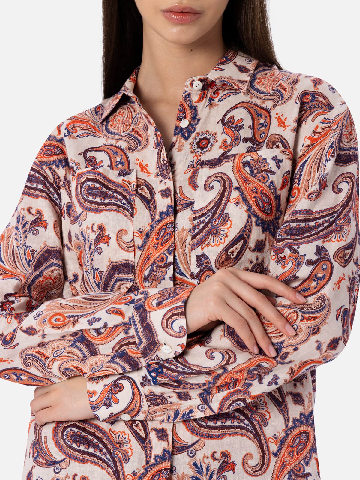 Alodie damesblouse van linnen met paisleyprint en zakken