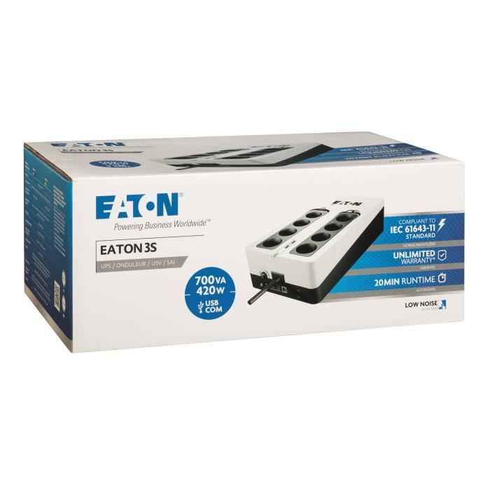 Onduleur/Multiprise/Parafoudre - EATON 3S 700 FR - Off-line UPS - 3S700F - 700VA (8 prises françaises + 1 prise protection tel + 2
