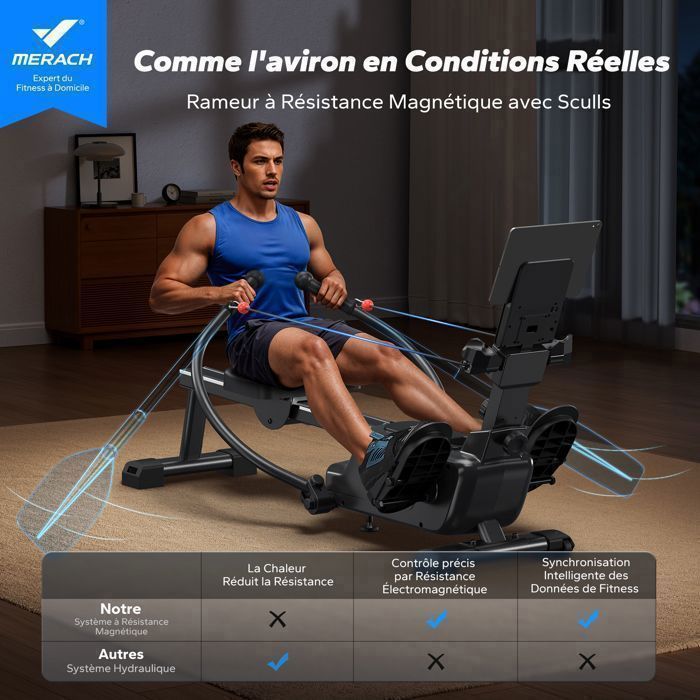 MERACH folding rowing machine with double magnetic oars, 16 resistance levels, Bluetooth, Kinomap, quiet and space-saving