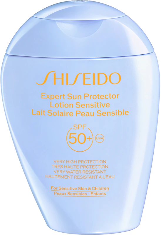 Loção Protetora Solar Shiseido Expert Sun Protector Sensitive FPS 50+, leite protetor para pele sensível.
