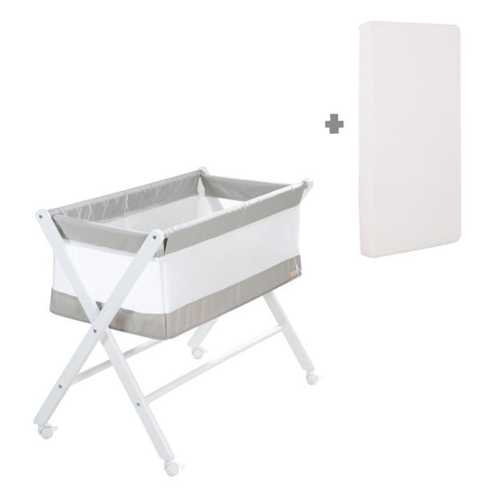 ROBA Faltbares Beistellbett – Canvas und Netzgewebe – Matratze und feststellbare Rollen – 90 x 45 cm – Grau/Weiß