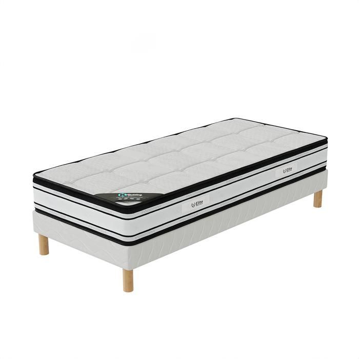 Set GRAND COMFORT: base letto + materasso 120x190 cm, altezza 22 cm, ventilazione ottimizzata, comfort rigido, 4 gambe incluse.