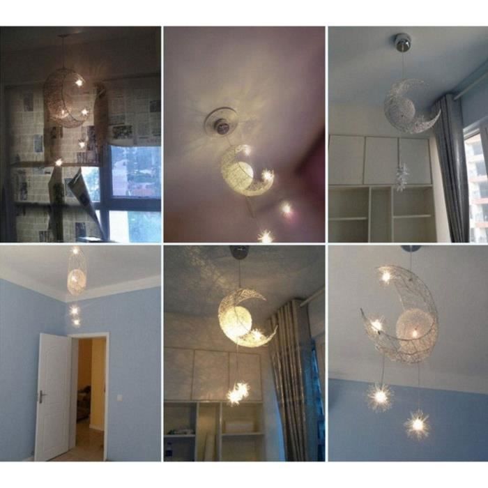 Suspension industrielle Lune étoiles LED pour chambre d'enfant - Lustre en aluminium avec 5 ampoules