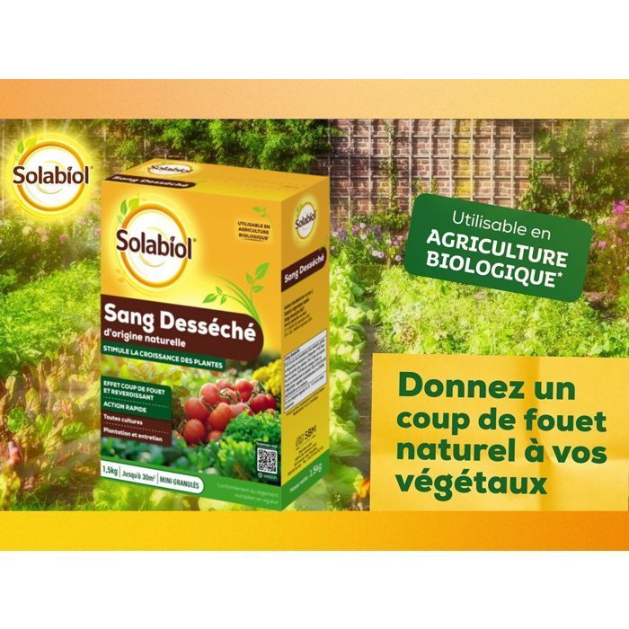 SOLABIOL Engrais sang déséché - 1,5kg - Jusqu'à 30m² - Action coup de fouet - 100% sang désséché - Effet reverdissant