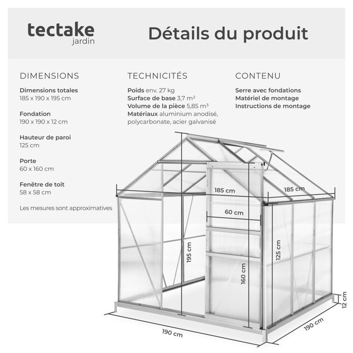 Invernadero de jardín - TECTAKE - Invernadero exterior de policarbonato, 5,85 m³ de superficie, puerta corredera, 185 x 190 x 195 cm con base.