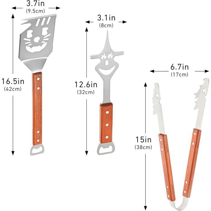 Accessoire Kit Barbecue 3 Pièces en Acier Inoxydable et Manche en Bois – Ustensiles Barbecue Professionnels avec Spatule INOX,Pince