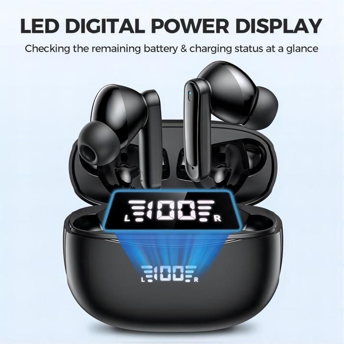 Wireless Sport Headphones - Bluetooth 5.3 - ANC and ENC Noise Reduction - 45H Battery Life - LED Display - Black