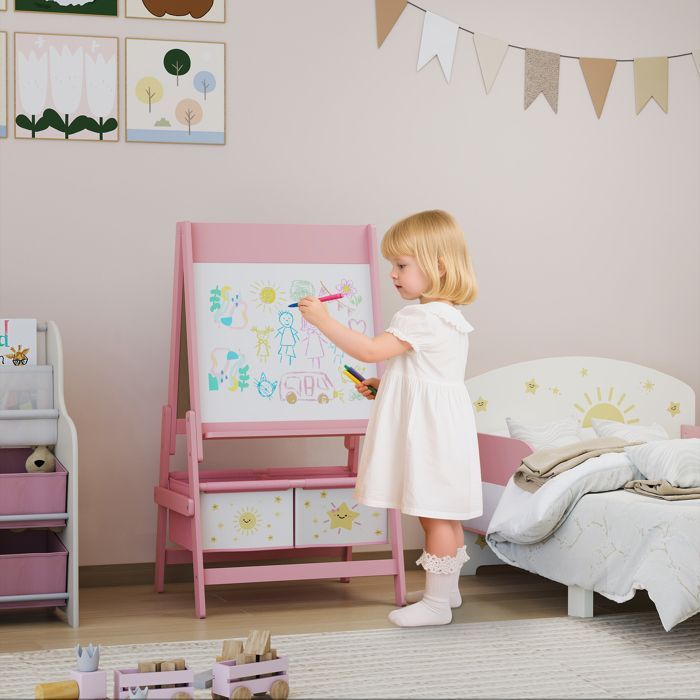 3-in-1 Children's Easel - AIYAPLAY - Double-Sided - Black and White Board - Paper Roll - 2 Storage Baskets - Ages 3-8 - Pink