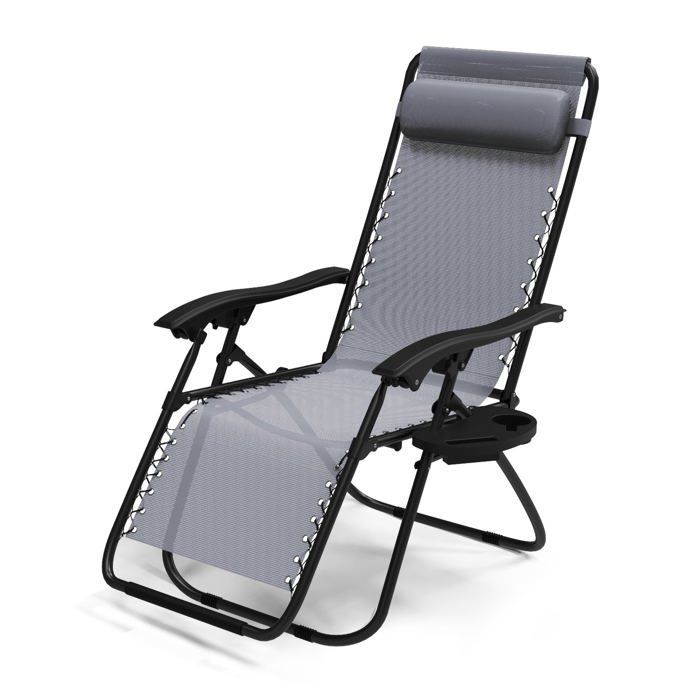 Tumbona reclinable plegable VOUNOT® de Textilene con portavasos - Carga máxima 120 kg - Gris