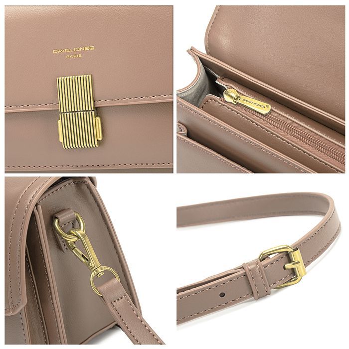 Schoudertas - David Jones - Kleine damesschoudertas van stevig PU-leer - Klep met mooie sluiting - Beige