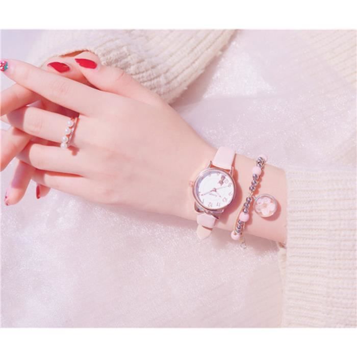 Conjunto de regalo de reloj y pulsera para niñas - Regalo infantil - Lindo gato, cuarzo resistente al agua, rosa