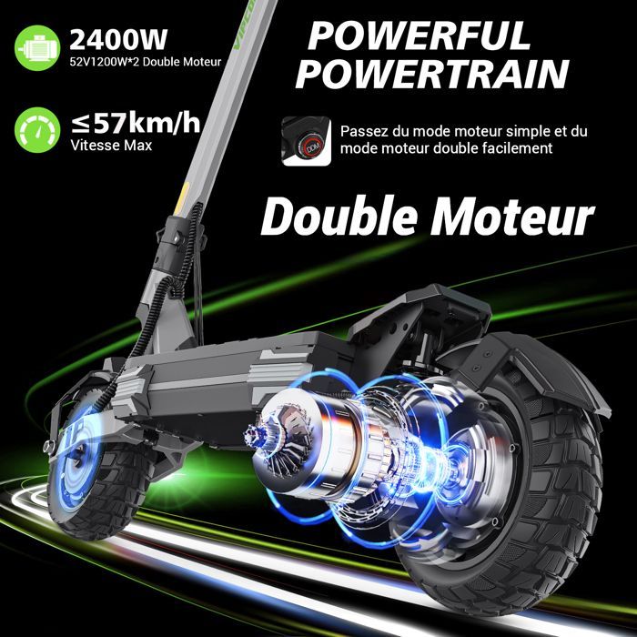 Patinete elétrico dobrável VIPCOO VS6 PRO, autonomia de 80 km, 2 motores de 1200 W e 20,8 Ah, pneus de 10