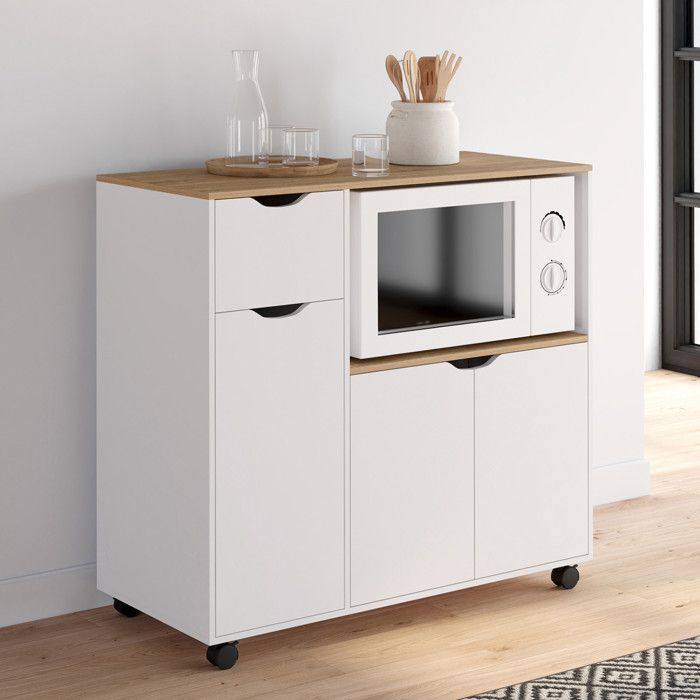 IDMARKET COSI XXL Kitchen Microwave Cart with Cupboards, White Wood Drawer and Beech-Effect Shelves, 90 cm Wide