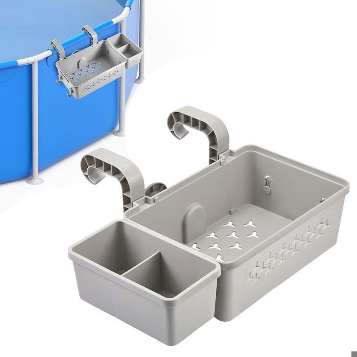 Cesta colgante 3 en 1 para piscinas, con soporte para vasos, accesorios incluidos y etiqueta.