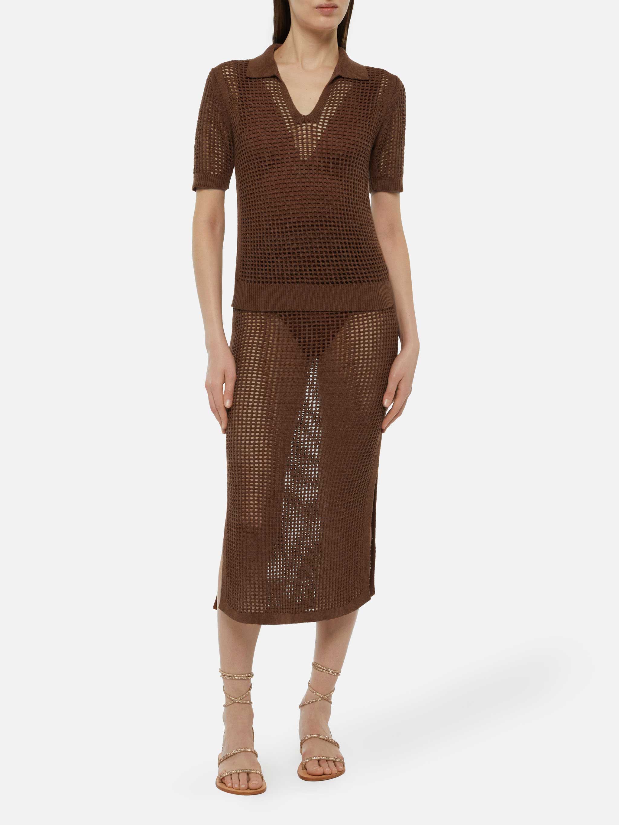 Flora bruine polo shirt met gehaakte mesh details