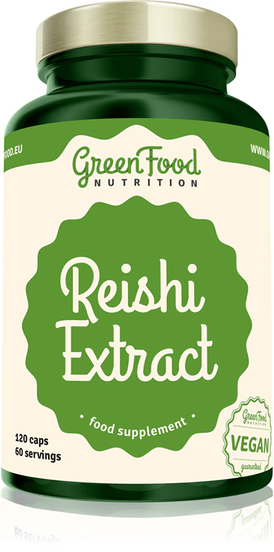 GreenFood Nutrition Reishi Extract voedingssupplementcapsules, gemaakt van een zeldzame paddenstoelsoort.