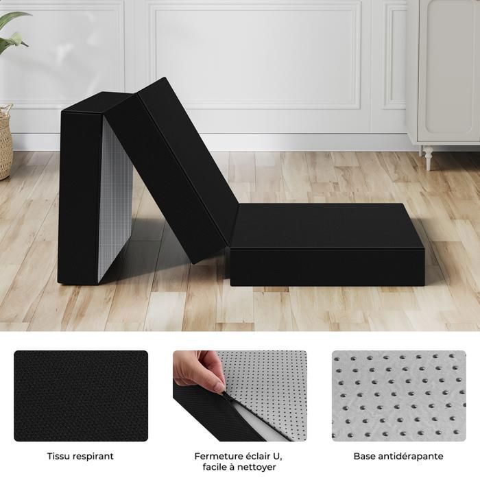 Matelas lit futon pliable pliant -75x195 cm epaisseur 15 cm -INRE - noir - Chaise convertible - Mousse polyuréthane -
