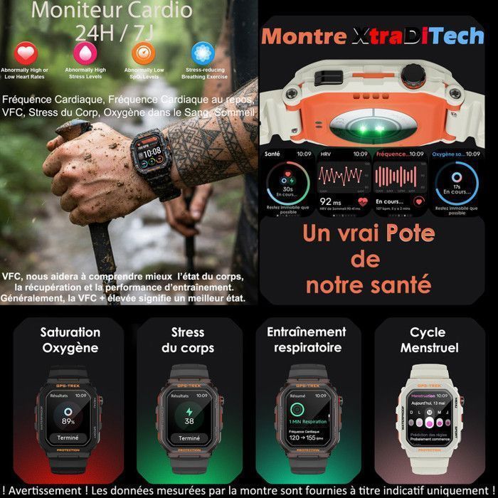 XtraDiTech Montre Connectée GPS Cardio Sport Suivi Itinéraire Localisation Longitude Latitude Couronne Numérique Alexa Strava Noir