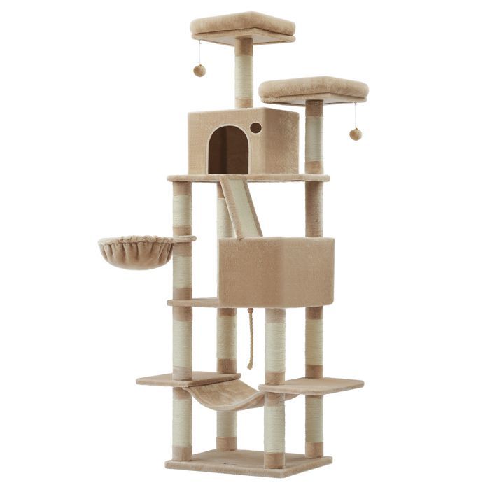 Arbre à Chat, Hauteur 206 cm, avec 13 Griffoirs, 2 Plate-forme, 2 Niches, Panier, Hamac, Pompon, Tissu Peluche, Marron Camel