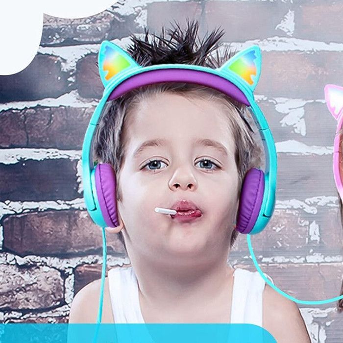 SHARPHY Casque pour enfants écouteurs pour fille pliable lumineux vert violet haute qualité mode cadeau oreilles de chat