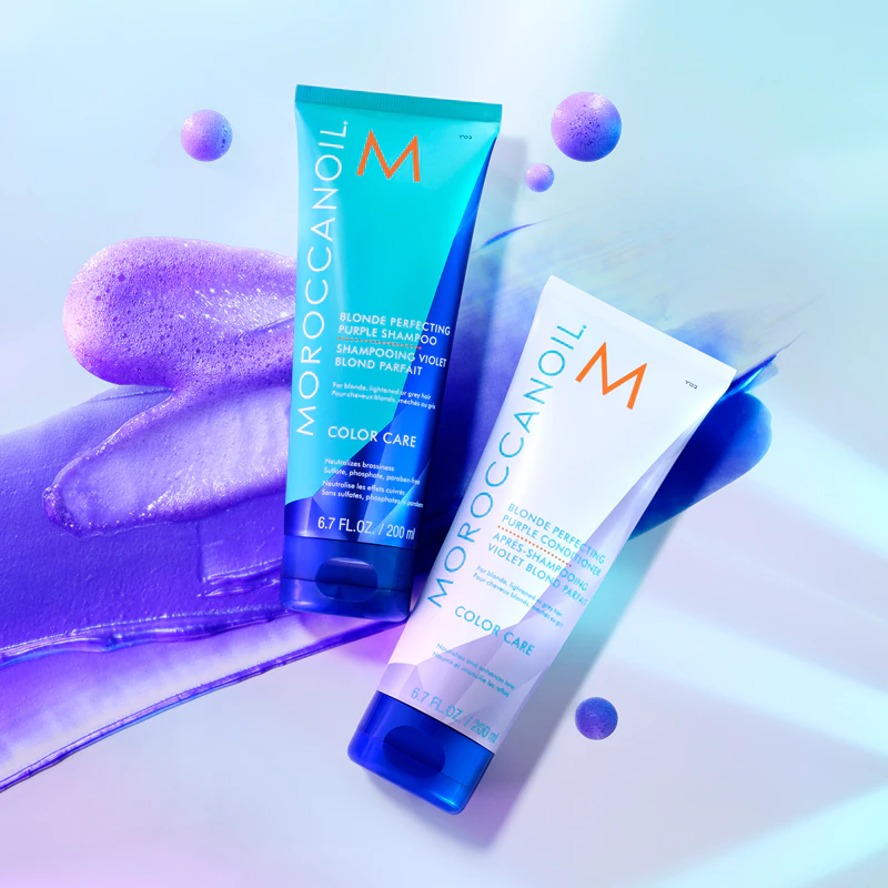 Condicionador roxo Moroccanoil Color Care Blonde Perfecting para cabelos loiros e com mechas.