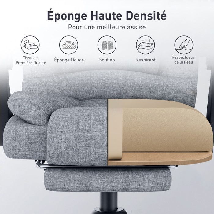 Fauteuil de bureau, Chaise en lin avec avec repose-pieds, Ergonomique , réglable en hauteur, Gris