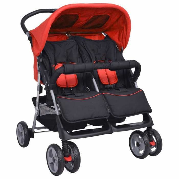 Double stroller - vidaXL - Steel - Red and black - Adjustable backrest - Lockable wheels