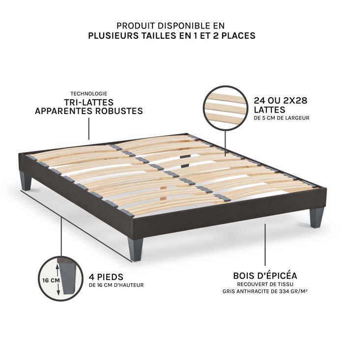 Base de cama de listones de madera Kit15 120x190 cm Gris antracita Se entrega como kit