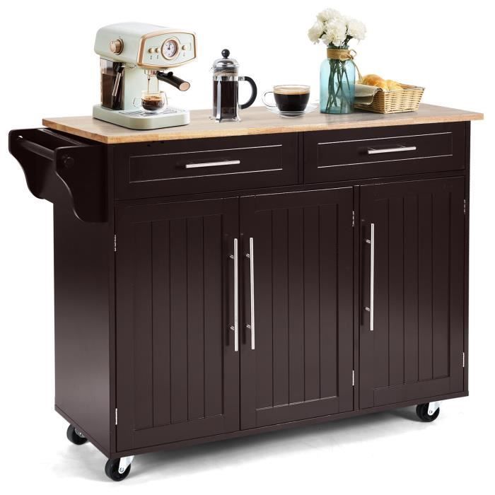COSTWAY Desserte-Chariot de Cuisine à Roulettes, Îlot de Cuisine avec Porte-Couteau, Porte-Serviettes, 3 Portes et 2 Tiroirs, Café
