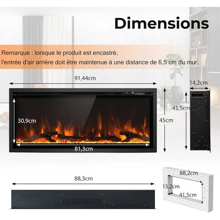 GIANTEX Cheminée Électrique 750W/1500W - 16-28°C - Effet Flamme 3D & 12 Couleurs & 5 Luminosités - Minuterie - 36''/91cm