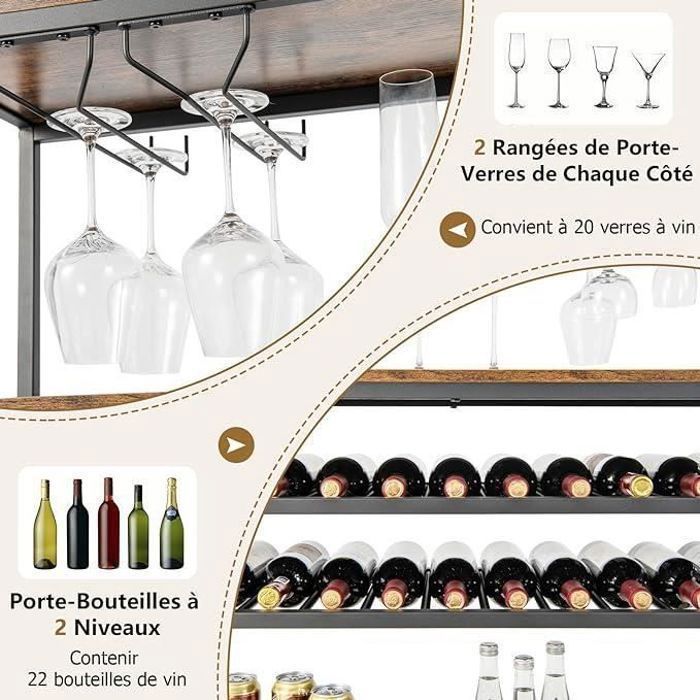 GOPLUS 5 Niveaux Étagère à Vin 22 Bouteilles, 4 Rangées Porte-Verres et 3 Étagères de Rangement, pour Cuisine/Garde-Manger/Cave/Bar